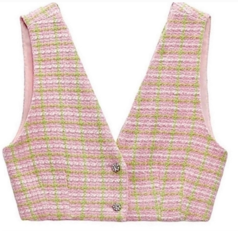 Zara Pink and Green Cropped Tweed Vest